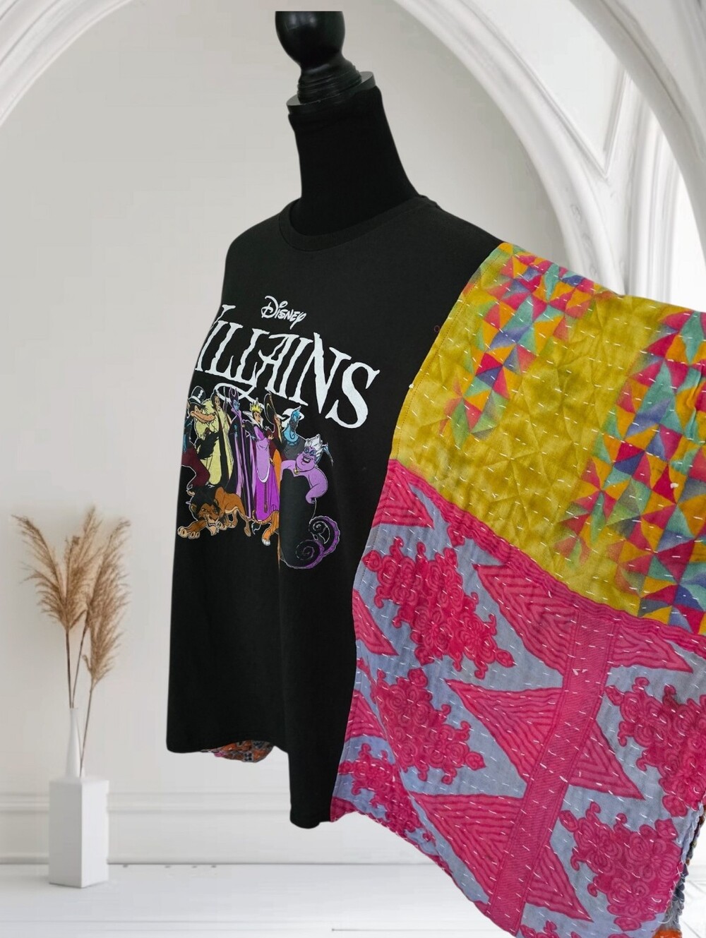 Upcycled Disney Villains Graphic Tee With Kantha Sleeves, OS - Picture 3 of 6